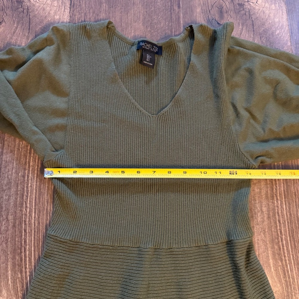 Rachel Zoe Sweater Dress Olive Green Ribbed Balloon Sleeve Chic Women Large L - Picture 7 of 10